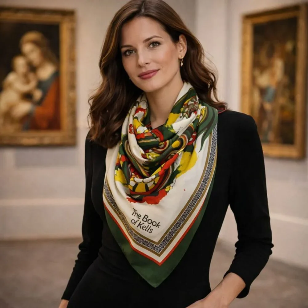 🎨 Patrick Francis “The Book of Kells” Art Scarf – Graphic Silk Square